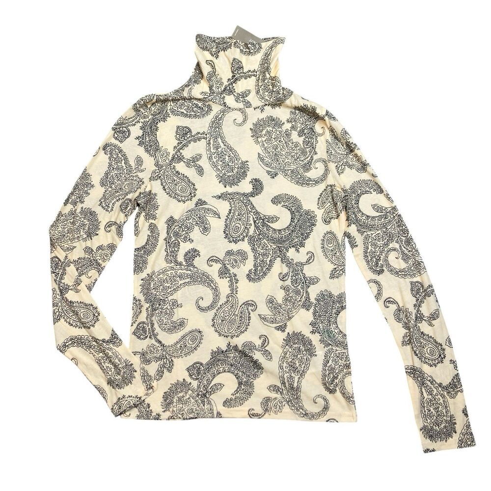 J Crew Paisley Turtleneck Top Womens M Cream Feather Jersey Lightweight CP723 - Picture 2 of 10